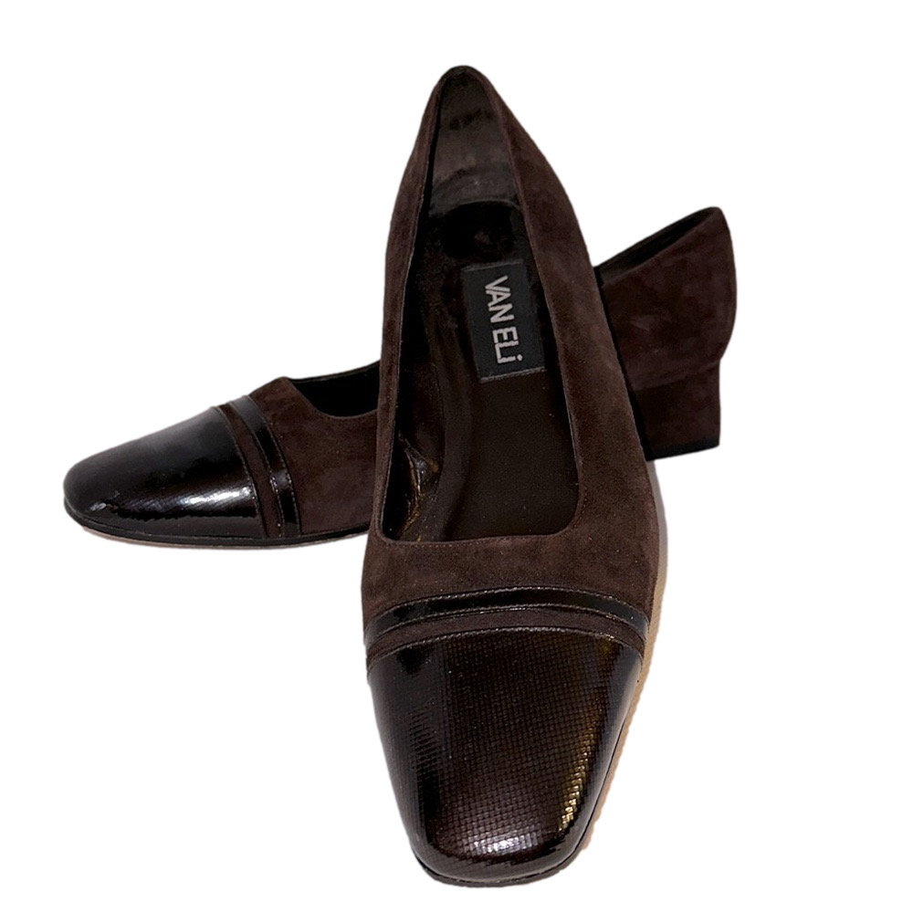 Van Eli Vero Cuoio Brown Suede Pumps with Patent Leather Vamp Size 8.5 - EUC